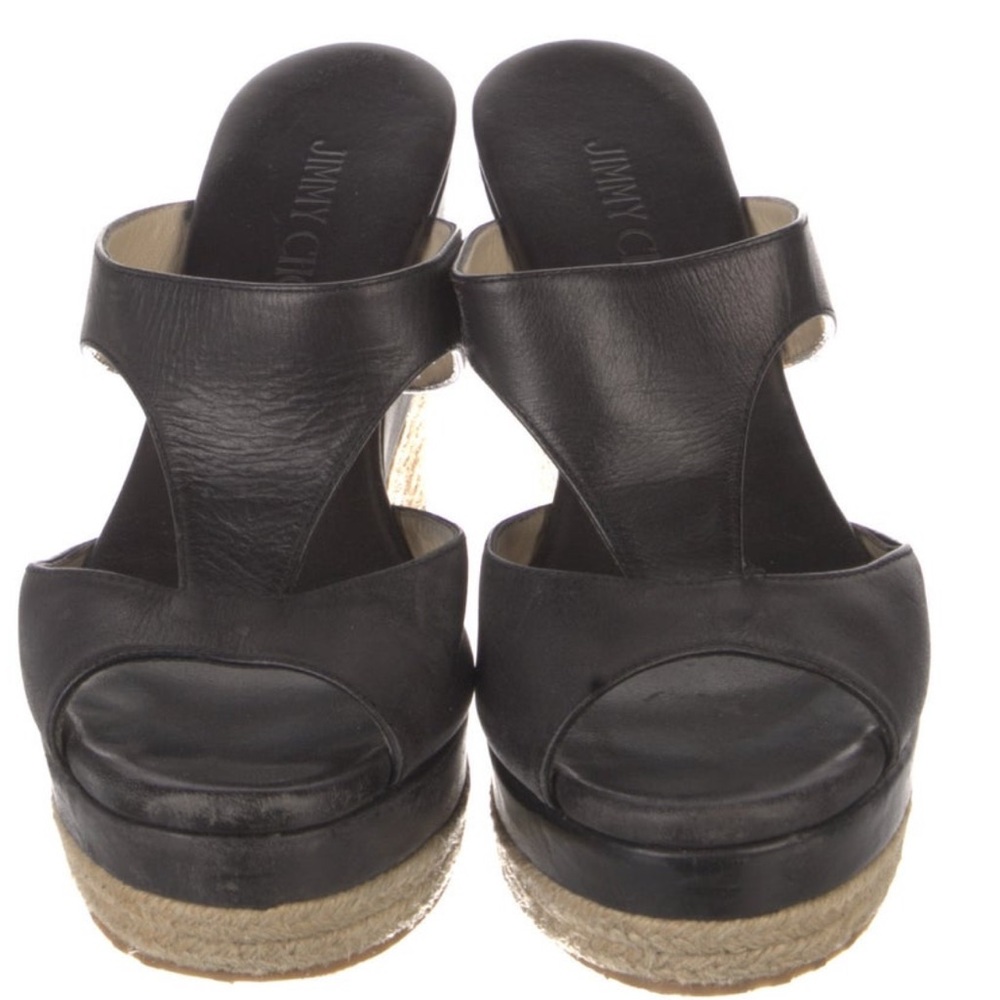 Jimmy Choo Black Leather Espadrille Wedges